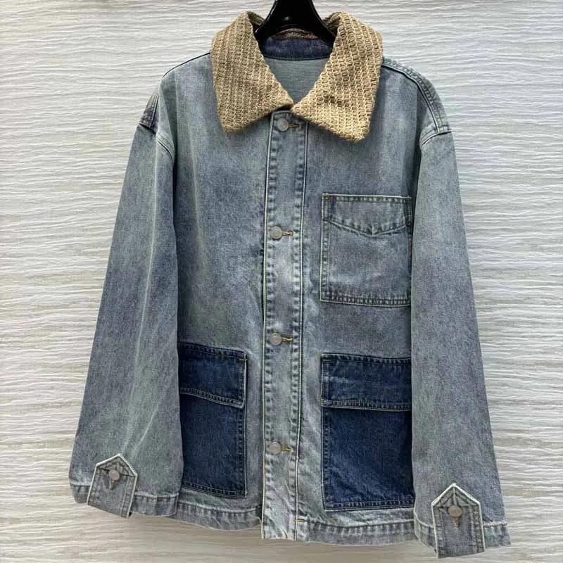 2024 High-quality Fashion Waffle Neck Splicing Denim Jacket Retro Washing Water Loose and Versatile Long-sleeved Contrasting Top