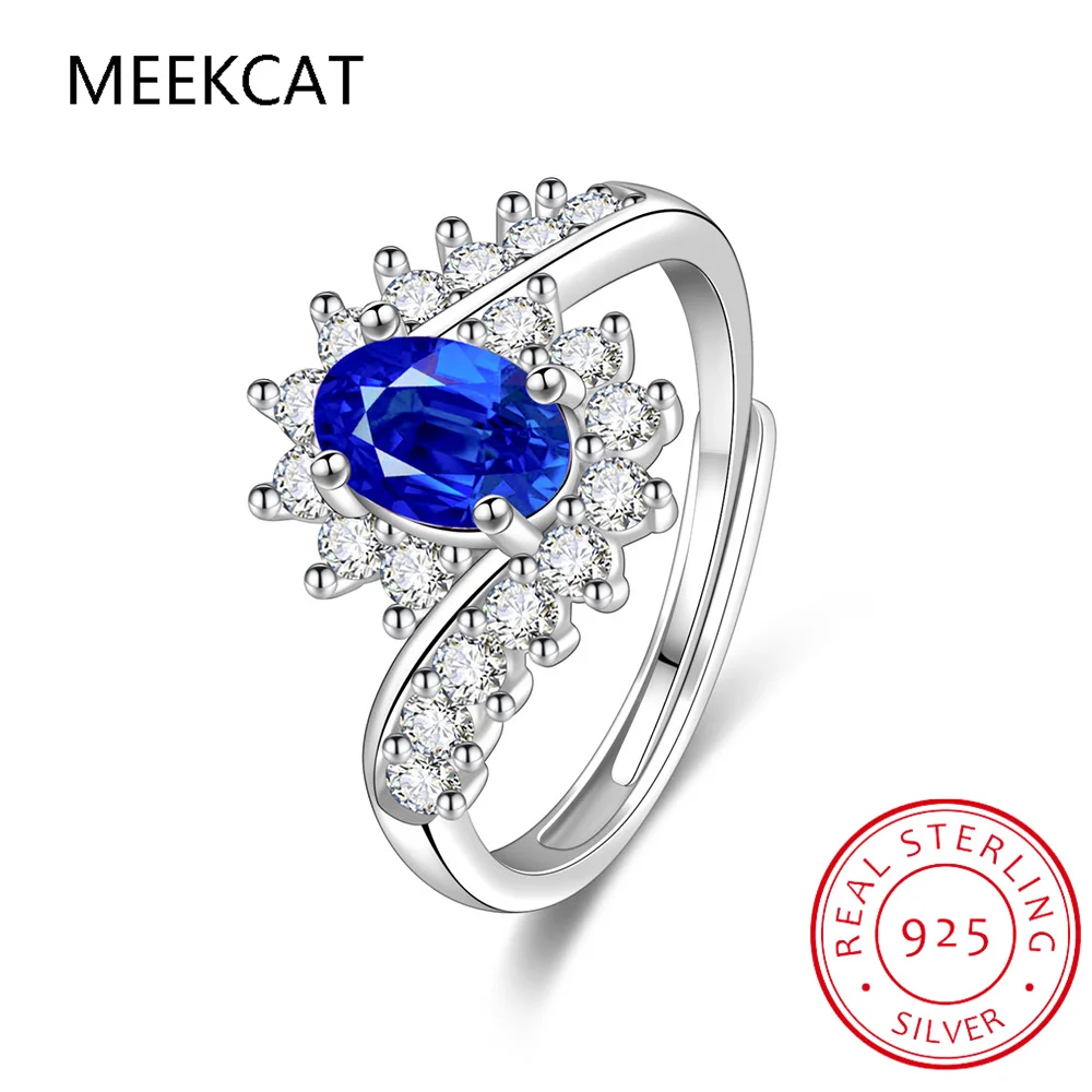 

Oval Cut Created Blue Sapphire 925 Sterling Silver Geometric Ring Adjustable for Women Fashion Gemstone Jewelry Wedding Gift