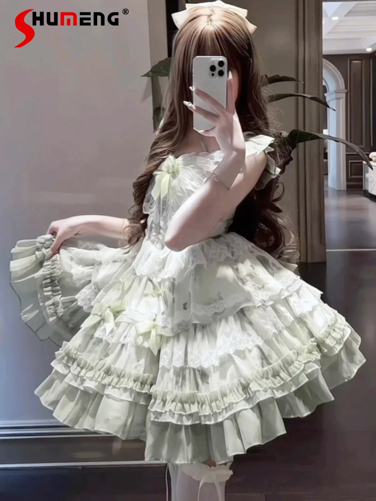 

Sweet Cute Princess JSK Short Dresses Square Neck Flying Sleeve Lace Butterfly High Waist Bow Trailing Fluffy Lolita Dress Women