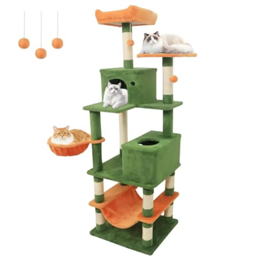 

66 Inch Tall Cat Tree Multi-Level Cat Tower with Sisal Scratching Posts 2 Condos Plush Perch Hammock Basket Dangling Toys Cat C