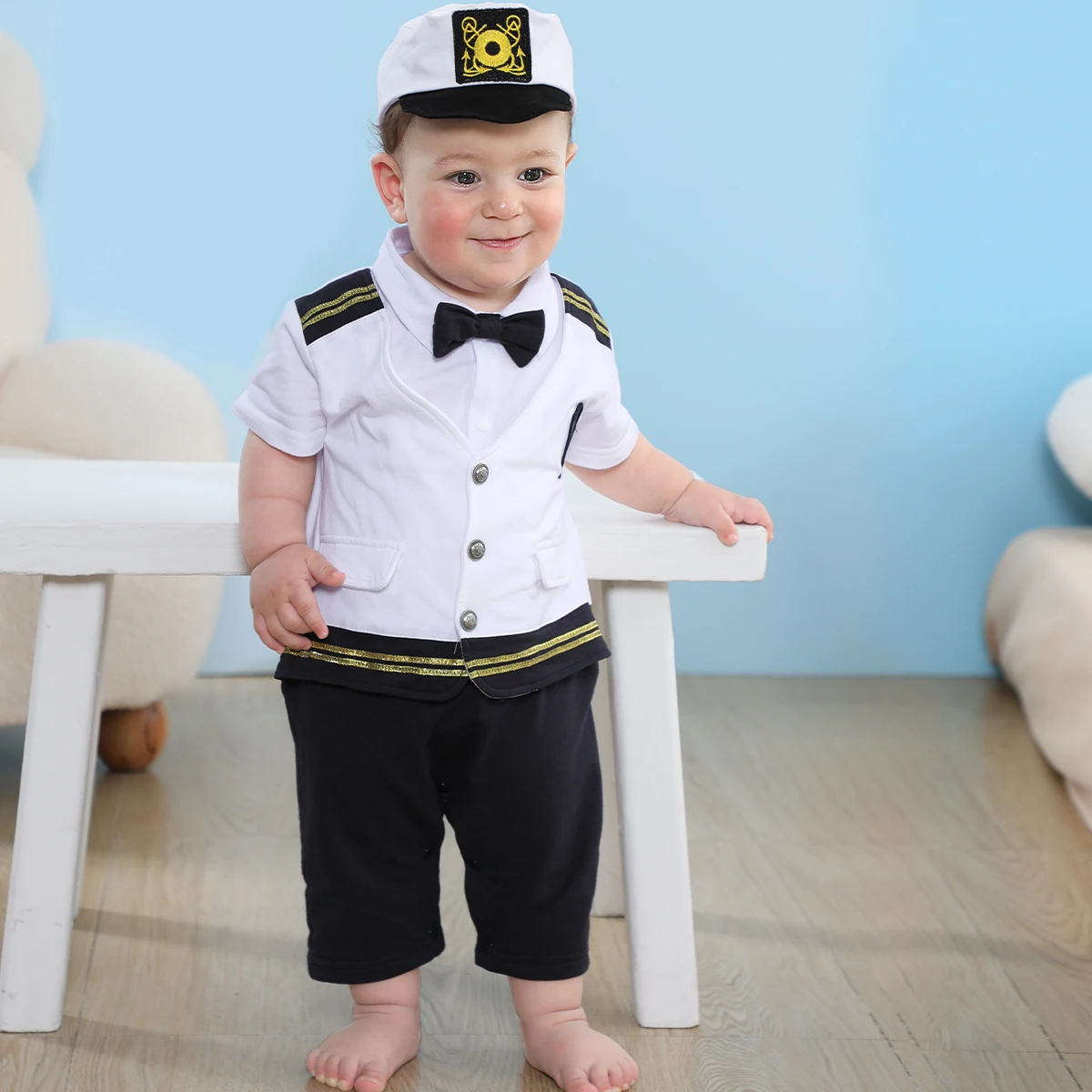 Baby Boys Captain Costume Newborn Infant Halloween Carnival Romper Cosplay Jumpsuit Outfit Toddler Skipper Sailor Playsuit