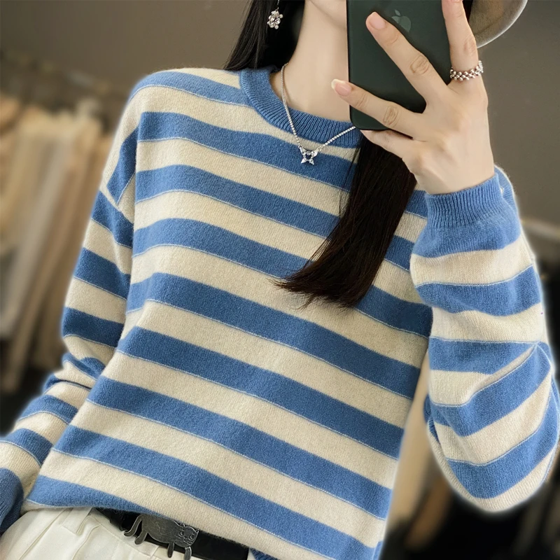 Women O-Neck Striped Cashmere Sweater Autumn and Winter Loose Cashmere Sweater Women Knitted Pullover