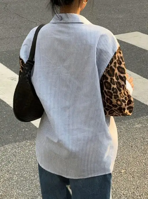 Spring Summer Women's Shirt New Loose Patchwork Striped Shirt Top Fashionable Loose and Comfortable Retro Color Blocked Shirt