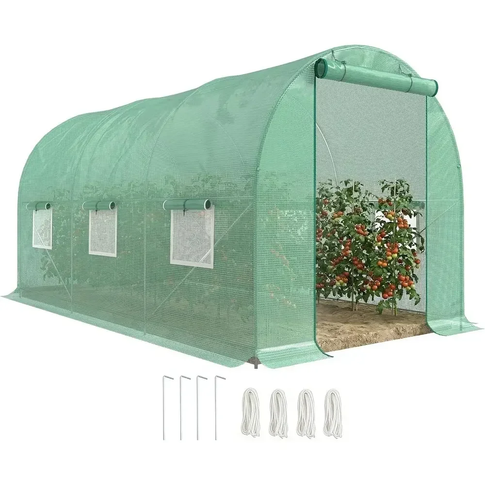 7x7ft Walk-in Greenhouse with Roll-Up Door & Windows, PE Cover, Ideal for Plant Growing in Patio Backyard Garden