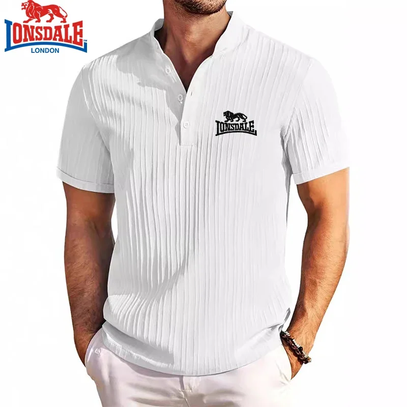 Embroidered LONSDALE Cotton Linen Striped Henry Short Sleeved Polo Shirt for Men's New Summer Business Casual Breathable T-shirt