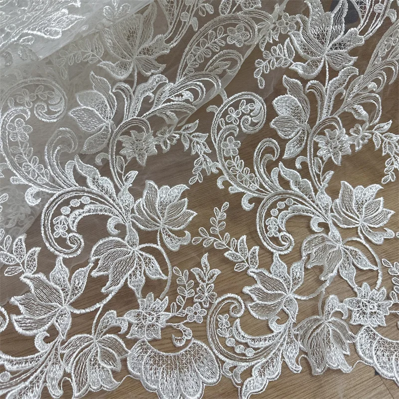 Super Hot Off White Embroidery Lace Fabric High Quality Mesh French Chantilly Guipure Lace Fabric 1 Yard