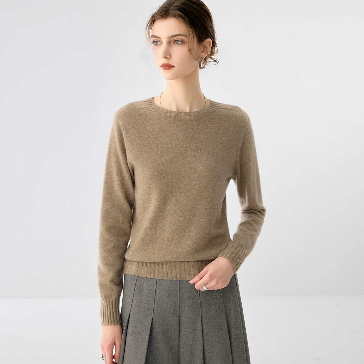 100% Premium Cashmere Spring Autumn Seamless Classic O-Neck Base Layer Ribbed Finished Lightweight Heat Retentive Knit Pullover