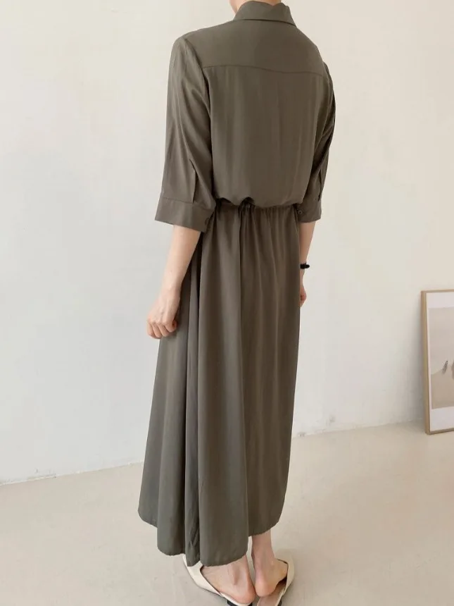 

Retro Collar Women's Dr A-Line Midi Skirt Dstring Waist Gathered Hem Pure Color Spring Summer Faion