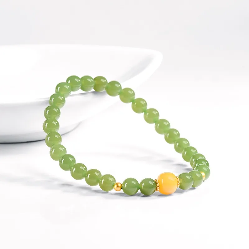 

TIMESWIND New Beeswax Natural Hetian Jade Green Beaded S925 Women Bracelet with Certificate