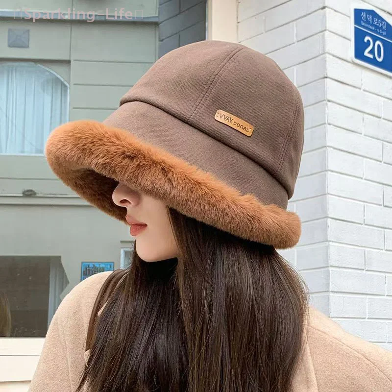 Minimalist Style Winter Women Plush Fisherman Cap Thick Fluffy Fur Panama Cap Fashionable Bucket Hat Windproof Warm Bonnet