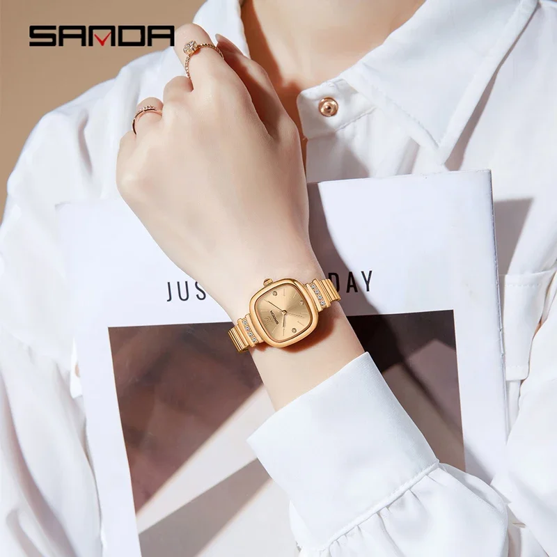 SANDA 브랜드 패션 작은 사각형 숙녀 시계 스테인레스 스틸 스트랩 쿼츠 손목 시계 여성용 패션 럭셔리 선물 시계
