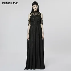 PUNK RAVE Women's Gothic Style Printed Chiffon Goddess Dress Party Club Irregular Trumpet Sleeves Elegant Floor-Length