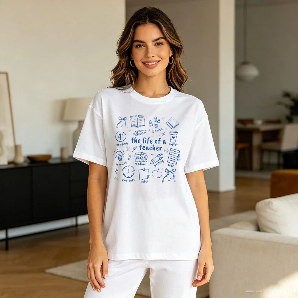 The Life Of A Teacher School Supplies Doodle Outline Women Cotton T Shirt Educator Cute Cartoon Graphic Casual Daily Commute Top