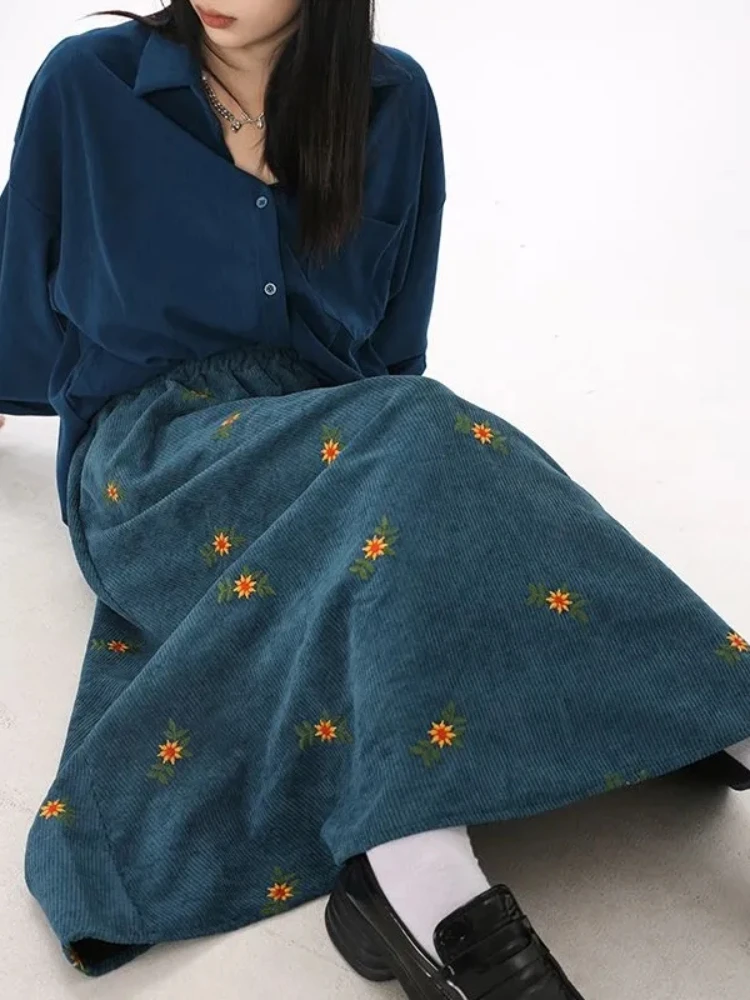 Floral Embroidery Corduroy Skirt Women Elastic Waist A Line Loose Casual Mid Calf Skirt Female Classy Mujer Solid Color Skirt