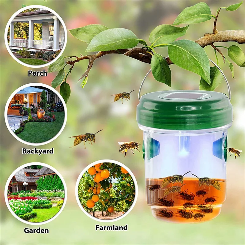 

NEW-Bee Trap For Outdoors Solar Powered With LED Light,Hanging Design Bee Trap Reusable, Insect Traps For Patio,Yard,Garden