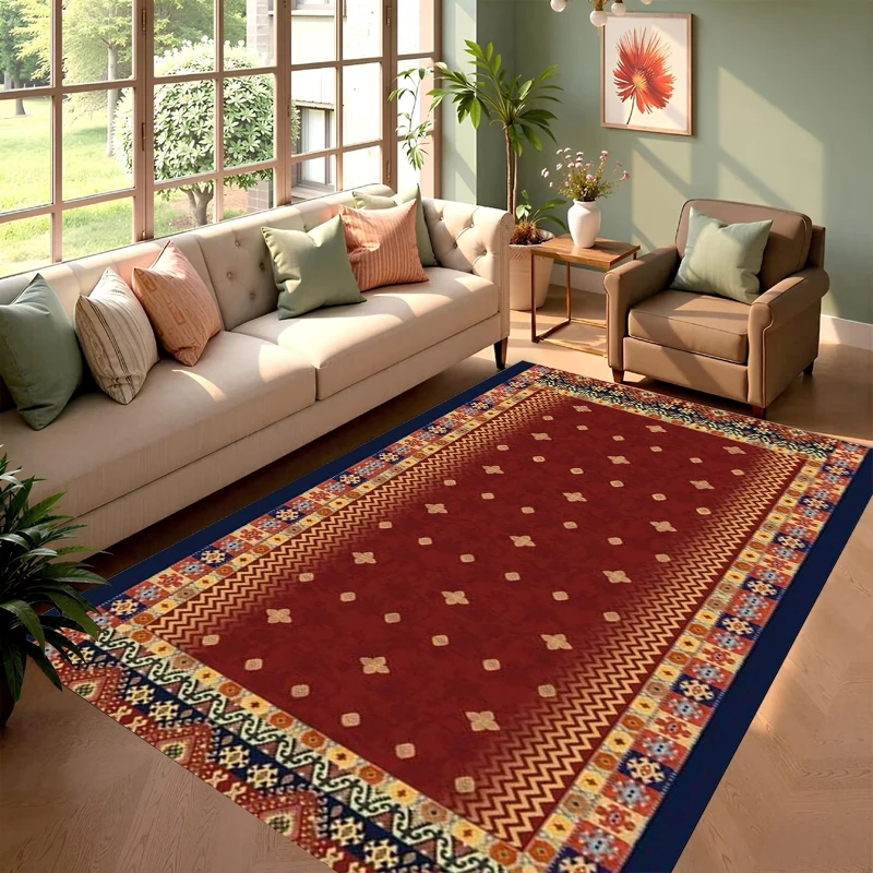 1PC Boho Red Ethnic Geometric Area Rug, Tribal Floral Border Print Floor Mat, Non-Slip Living Room Carpet, Bohemian Home Decor