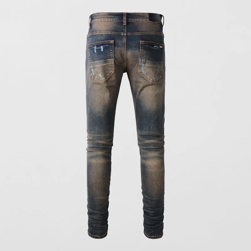 Men's Dark Blue Retro Slim Fit Jeans Street Fashion Tapered Pants with Perforated Patch Ripple Splicing Elastic Brand Y2