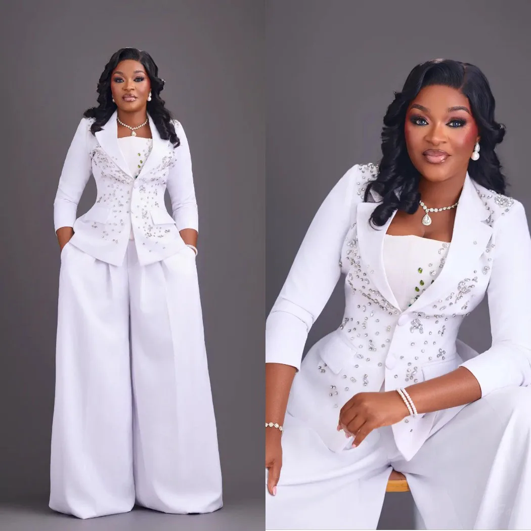 Modern 2 Pieces Women's Suits Single Breasted Office Ladies Work Jacket Sets Crystals Wedding Party Customized