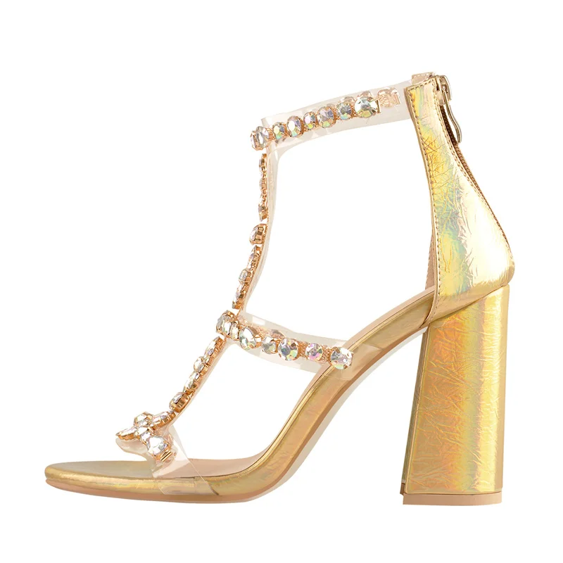 Onlymaker Women Gold Rhinestone Gladiator Sandals Floral Crystal Clear T-Strap Ankle Cuff Zipper Chunky Heel Wedding Party Heels view 2