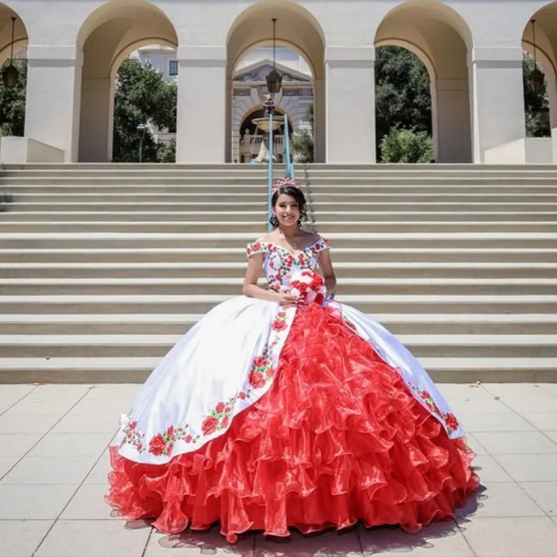 Red Quinceanera Dress off-shoulder Lace  layering glitter flower decal Long tail vestidos de 15 Quinceanera ﻿Customize