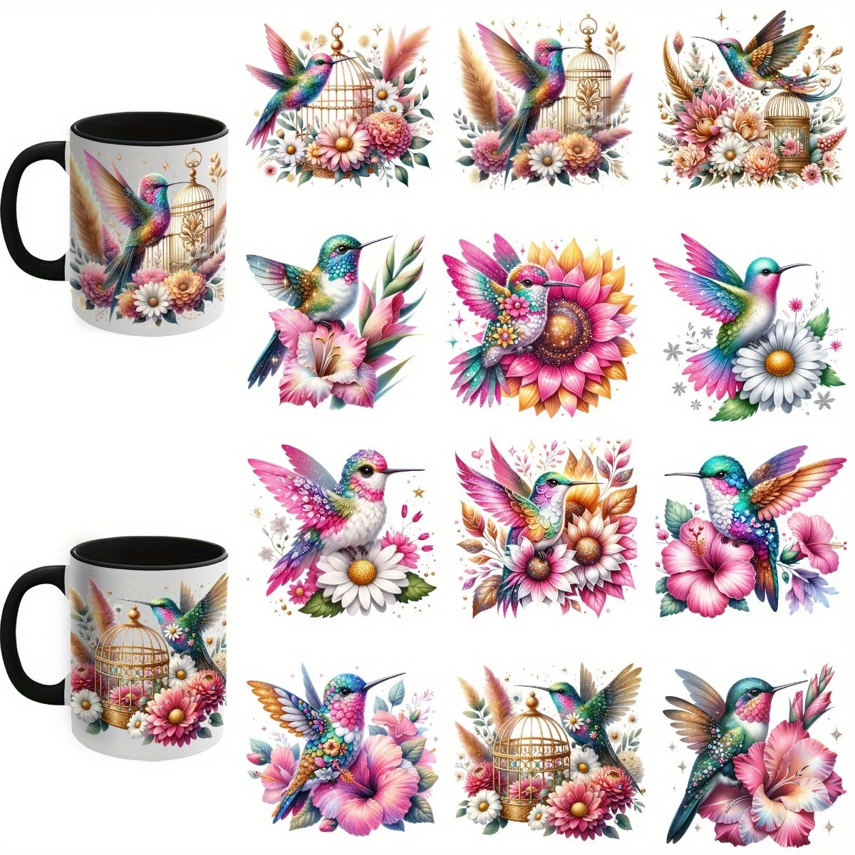 12 Stück/Set Blumen und Kolibris DIY UV-Transferpapier-Set – wasserfestes Vinyl-Transferpapier für Tassen, Flaschen, Laptops