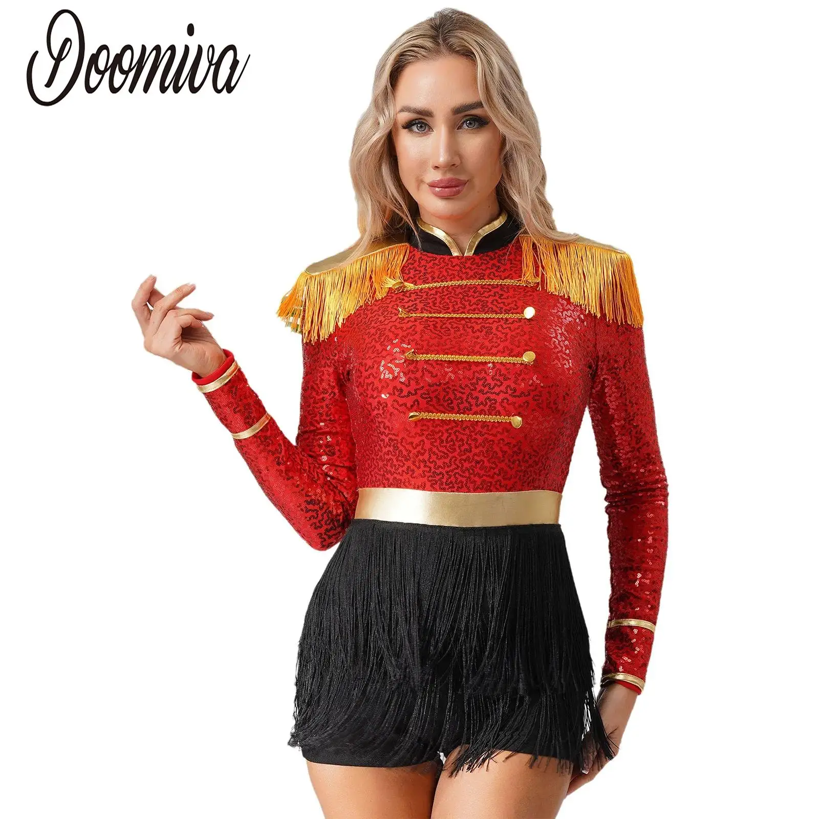 

Women Circus Ringmaster Costume Sequin Long Sleeve Fringe Leotard Jumpsuit Halloween Carnival Party Lion Tame Role Play Dress Up