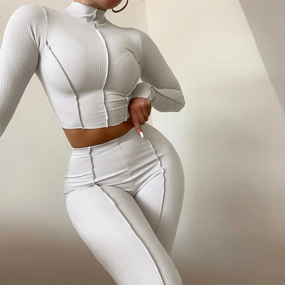 Herbst Frauen Neue Lange Ärmeln Set Mit Einfarbig Rundhals Hohe Taille Sexy Slim Fit Mode Set Zwei Stück Set Reverse Design