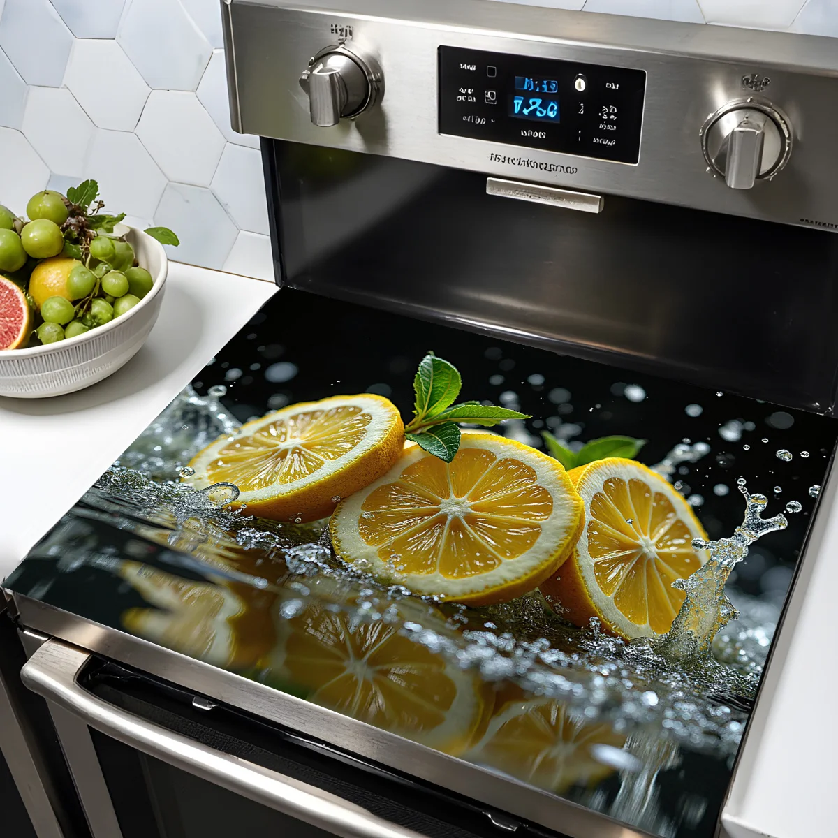 Lemon Ripples Stove Top Cover Vibrant Citrus Design Heat Resistant Non Slip Protector Mat for Electric Cooktop Home Decor