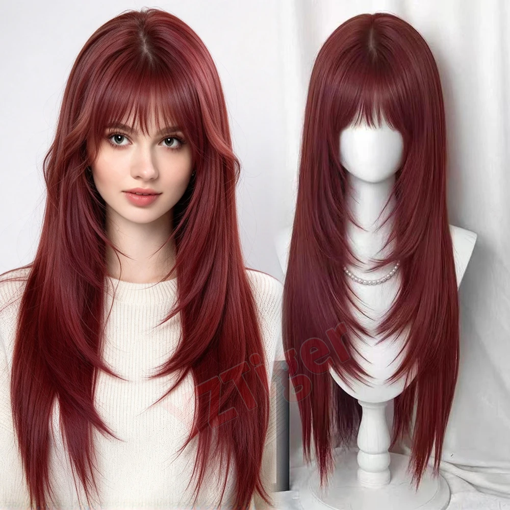 Women's Long Layered Red Straight Wig with Air Fringe Heat Resistant Synthetic Reddish Wig for Daily Party Halloween Cosplay