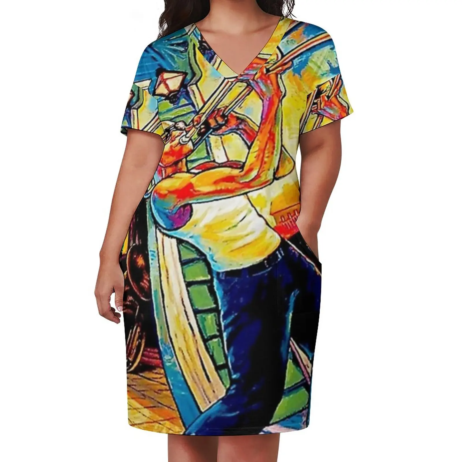 Jazz Festivals Art Dress V Neck New Orleans Music Kawaii Dresses Street Wear Print Casual Dress With Pockets Plus Size 3XL 4XL