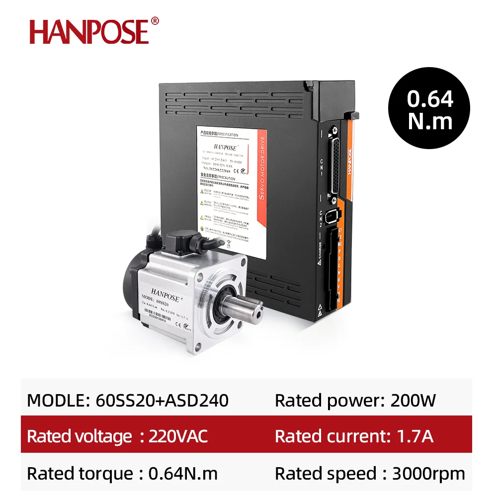 High Performance 200W 60SS20 0.64N.m 1.5A 3000rpm Servo Motor Driver Kit ASD240 220V 3M Cable Packing Machine Ac Servo Motor