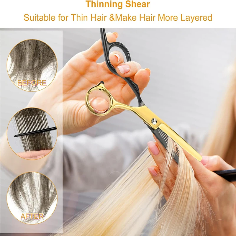 Professional Hair Cutting Kit, 9Pcs Professional Black Gold Hair Cutting, Stainless Steel Barber Supplies, Thinning Shears, Mult