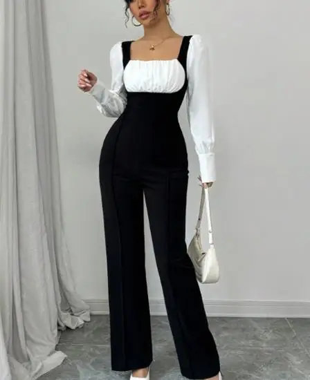 

Осень/зима 2022, новый женский модный повседневный комбинезон контрастного цвета с длинными рукавами, женская одежда