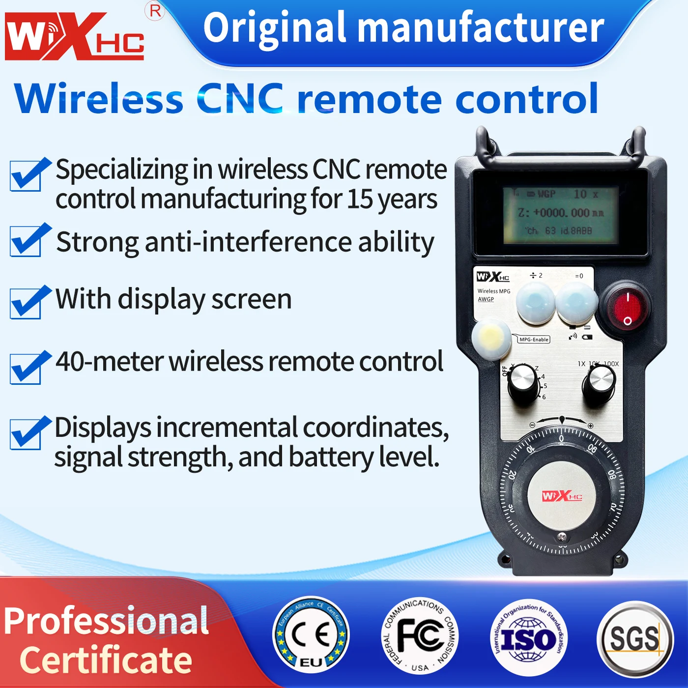 WIXHC Factory Sale Wireless Remote Control Pendant Jog Wheel with 40mts Working Distance  5axis AWGP with LCD Display for Fanuc