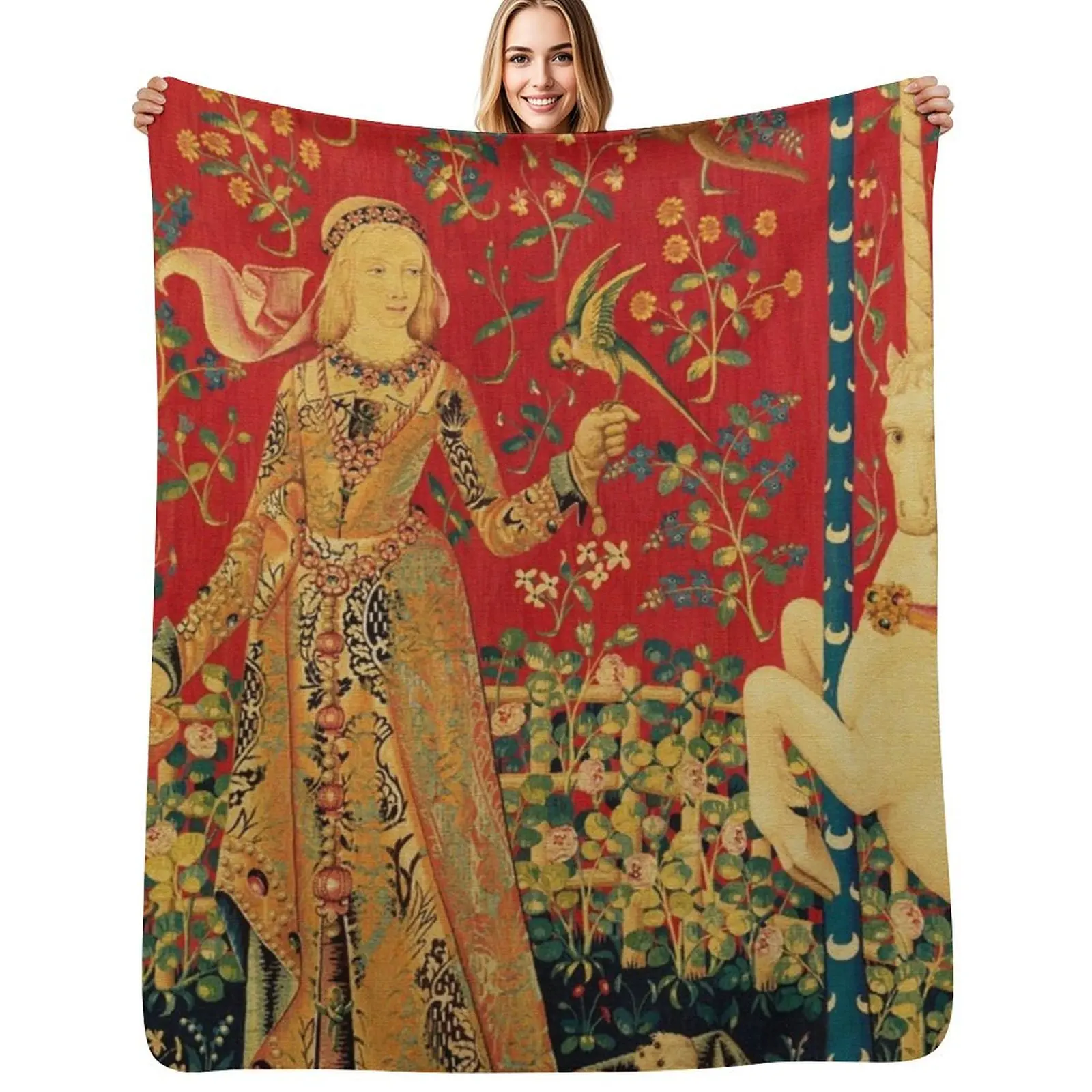 LADY AND UNICORN Taste Detail ,Red Green Fantasy Flowers,Animals Throw Blanket Flannel Fabric Multi-Purpose Warm Blankets