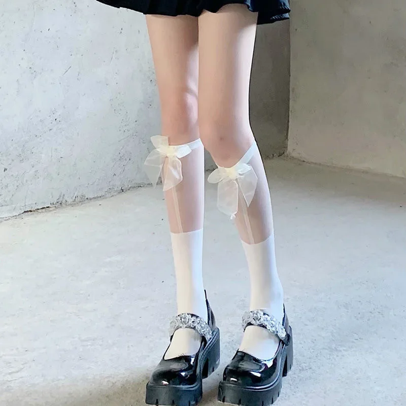 

Bow JK Knot Socks Lolita Japanese Style Cotton Girls Sweet Patchwork Calf Summer Thin Black Transparent Long Stockings Hosiery