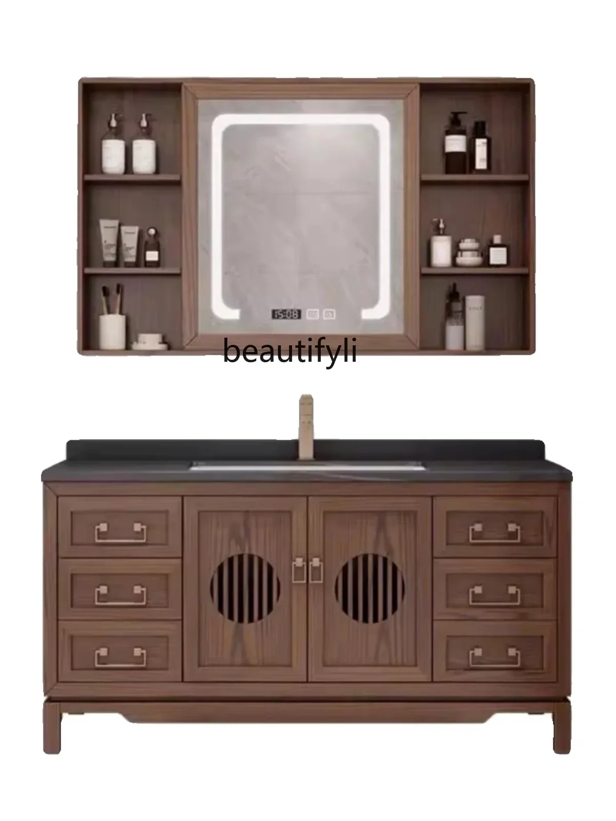 A9344 Bathroom Cabinet Combination Red Oak Washstand Bathroom Double Basin Floor Washbasin Smart Wall Cupboard