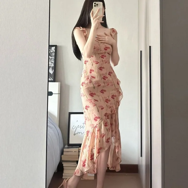 Kobiety Lato Francuski Wdzięczny Nadruk Sukienka bez rękawów Syrenka 2025 Nowa Dama Eleganckie różowe sukienki z falbankami w kwiaty Asymetryczne sukienki