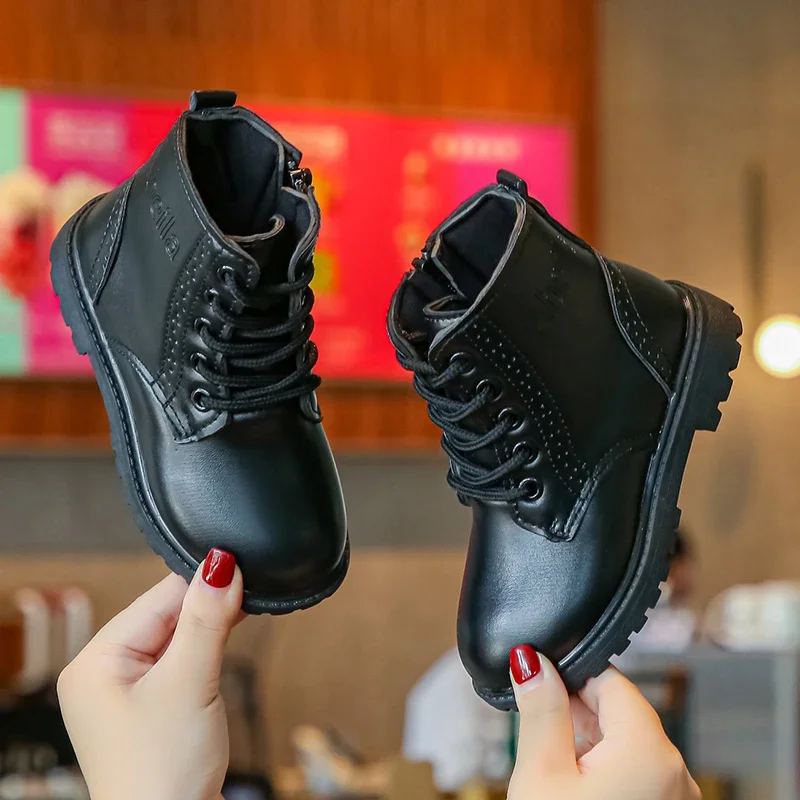 Kids Casual Boots PU Leather Black Zipper for Boys Girls Cross-tied Children Ankle High Boots Anti-skid Round Toes Soft Quality