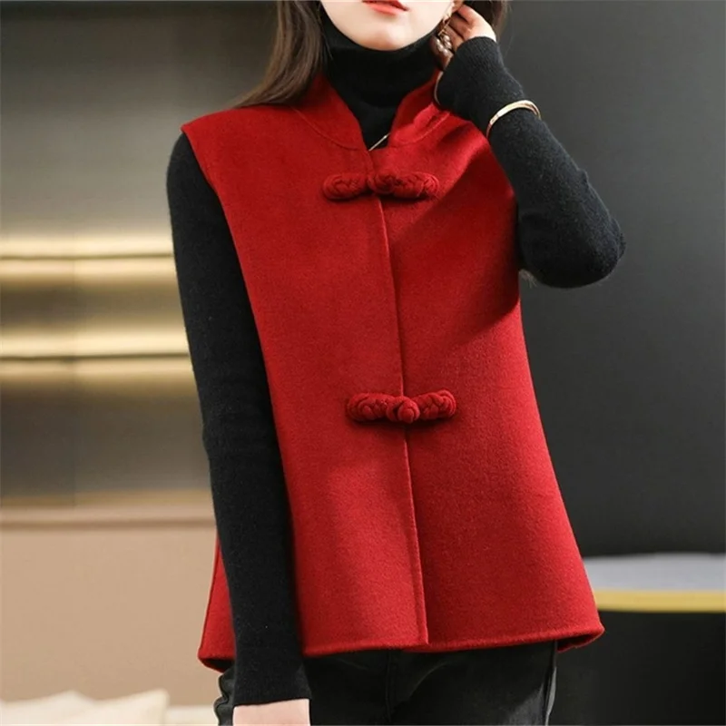 Y2K Spring Autumn Vest Jacket 2024 New Chinoiserie Coil Buckle Women's Clothes Woolen Coat Solid Colour Fashion Waistcoat Female