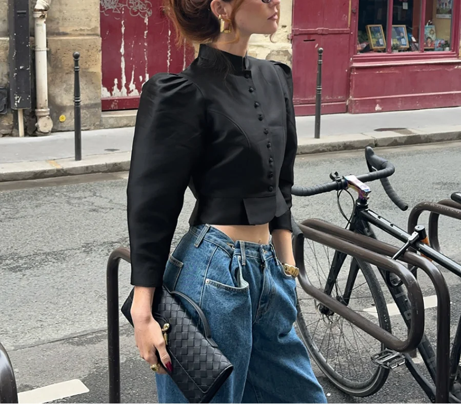 

Women Shirt 2026 Silk Satin New Retro Court Style Stand Up Collar with Bubble Sleeves Design Short Shirt Suitable for Banquets