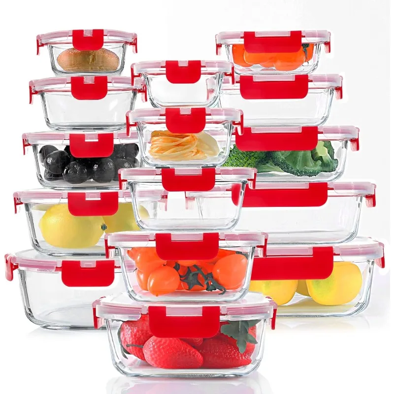 30 Pieces Glass Food Storage Containers Set, Glass Meal Prep Containers Set with Snap Locking Lids