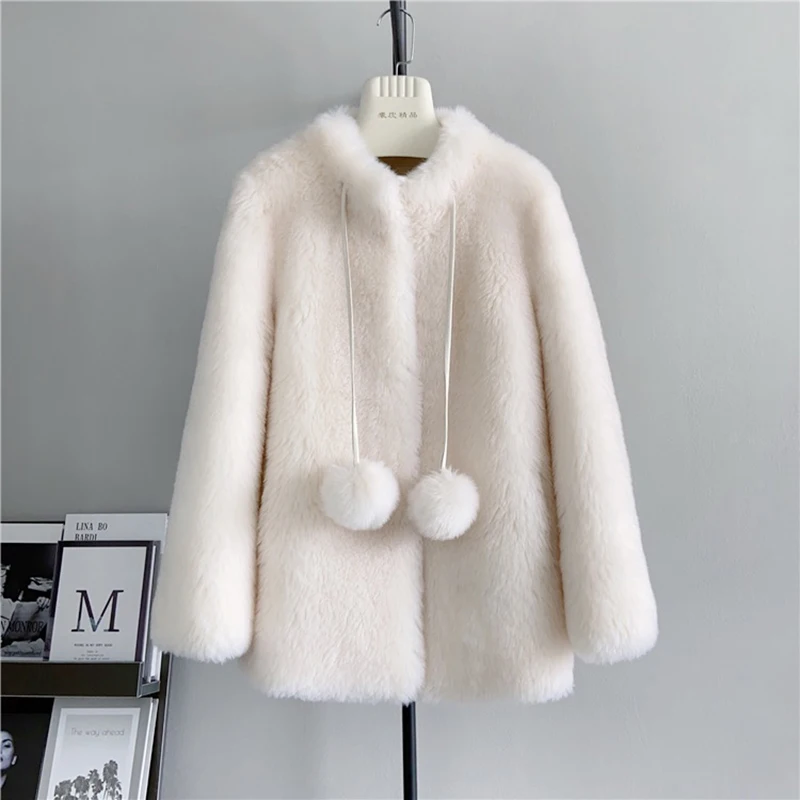 

Winter Real Wool Overcoat Women New Stand Collar Lovely Fur Pompom Ball Warm Thick Mid Long Jackets Chic Double-Faced Fur Coats