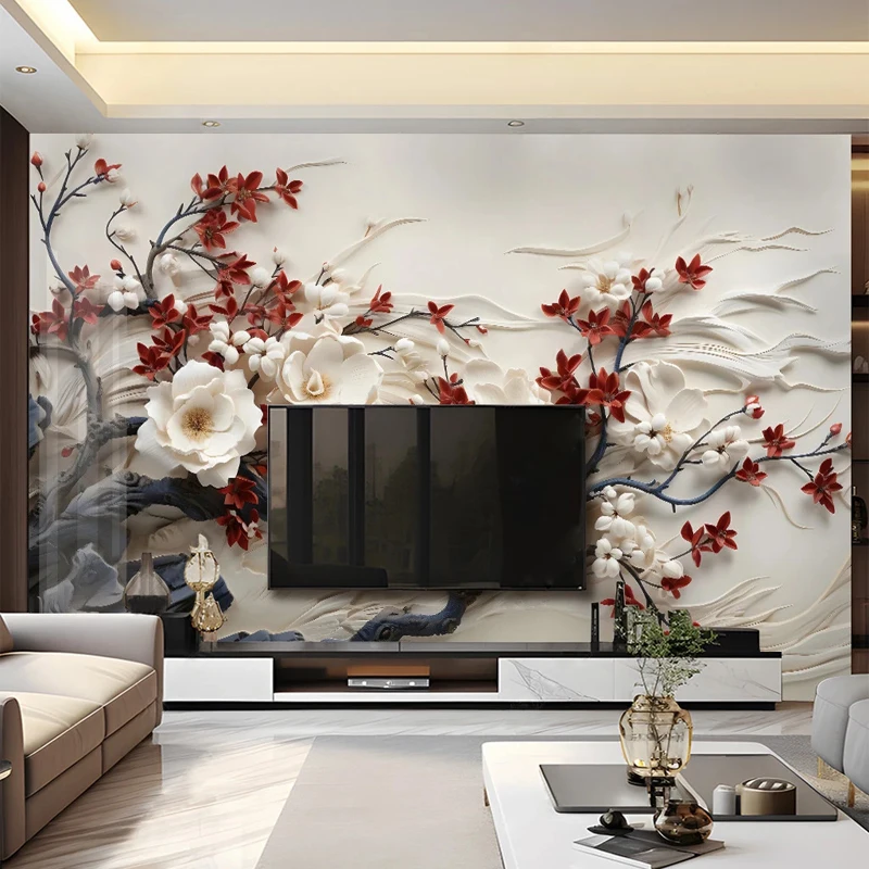 

Modern Chinese Style 3D Relief Red Plum Bossom Flowers Wallpaper Living Room TV Wall Decor Custom Large Size Photo Mural Paper