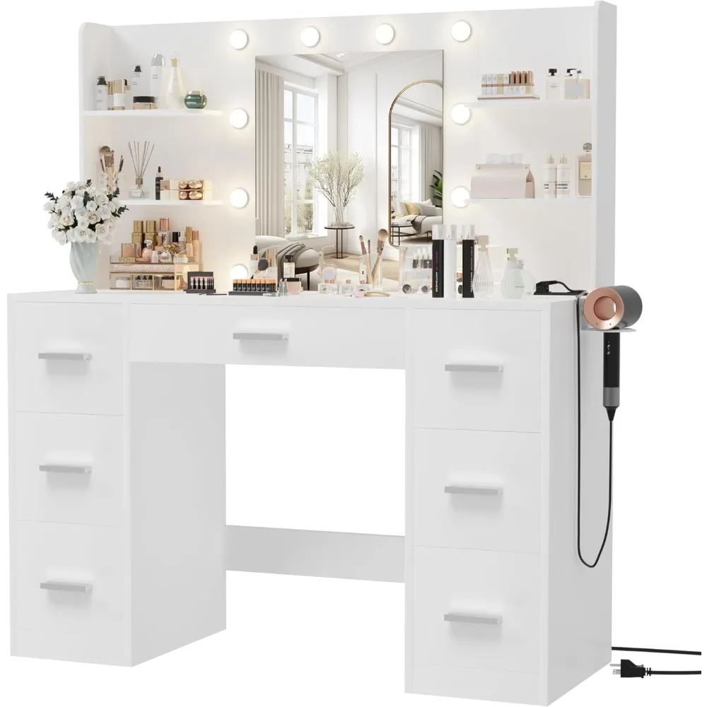 LED light and power socket dressing table with 7 drawers and 6 storage shelves bedroom dressing room dresser (white)