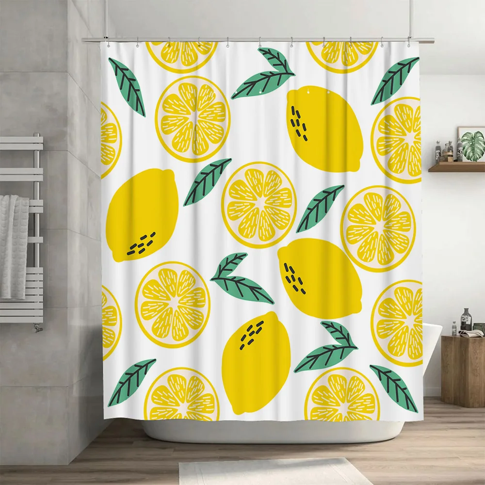 

Занавеска для душа с декором для ванной комнаты для детей и взрослых с желтыми лимонами и зелеными листьями на белом фоне.