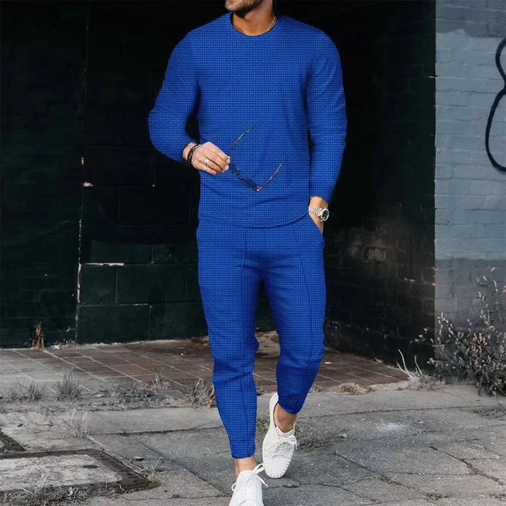 Men\'s spring Fall Waffle casual suit crew neck long sleeve T-shirt top and drawstring pants