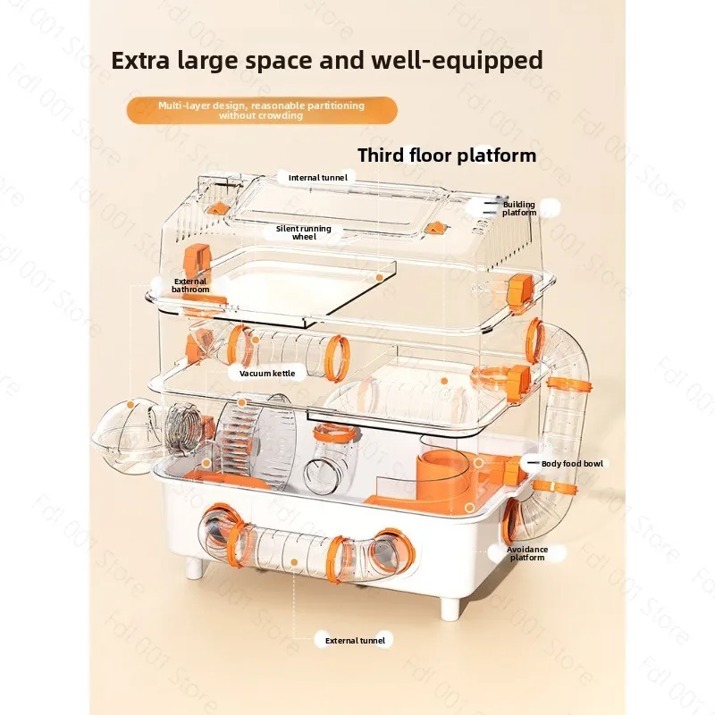 Hamster cage special large space luxury villa second and third floors transparent tunnel cage house supplies
