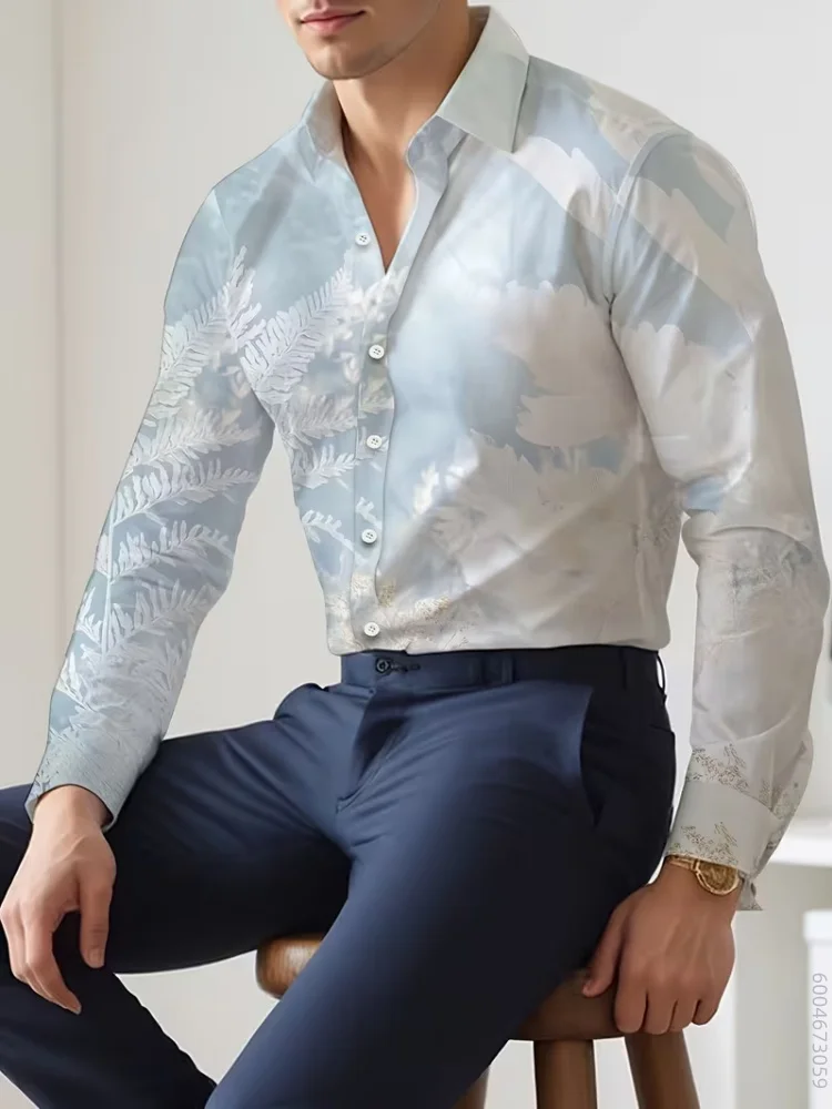 Men's long sleeved shirt, butterfly smoke printed shirt, versatile for daily business banquets, comfortable and fashionable top