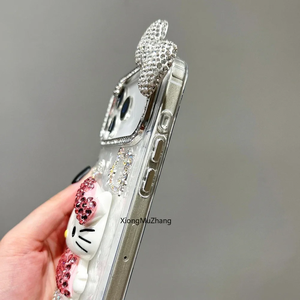 3D-Stereoskopische Handyhülle für iPhone 18 17 16 15 14 13 12Pro Max Niedliche Cartoon Sanrio Hello Kitty Schleife Glitzernde Lanyard-Hülle – Detail 7